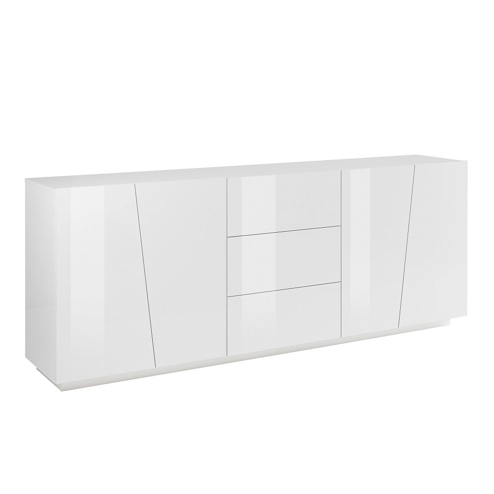 Buffet design VEGA XL 220 cm Finition blanc laqué brillant 3 tiroirs 4 portes
